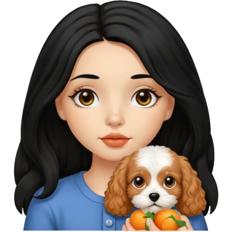 Italian girl long straight black hair black eyes button nose full lips holding apricot Cavapoo dog emoji