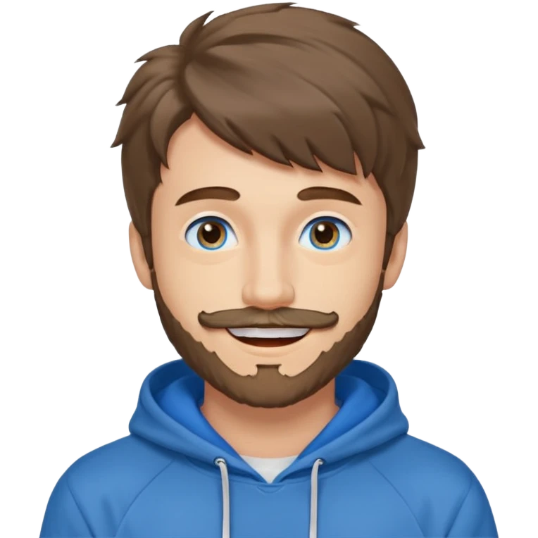 20 year old man, short scruffy beard and thin moustache, brown puffy mullet, blue eyes, big smile, white teeth, big lips, pronounced jaw, hair longer in back, sticking up on top, thin face, grey hooded sweatshirt, blue eyes emoji