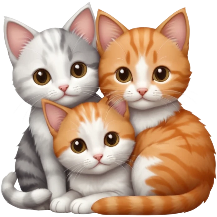 3 tiny kittens cuddling together all different colours, the first one is grey and white, the second is ginger and white and the third is brown tabby and white emoji