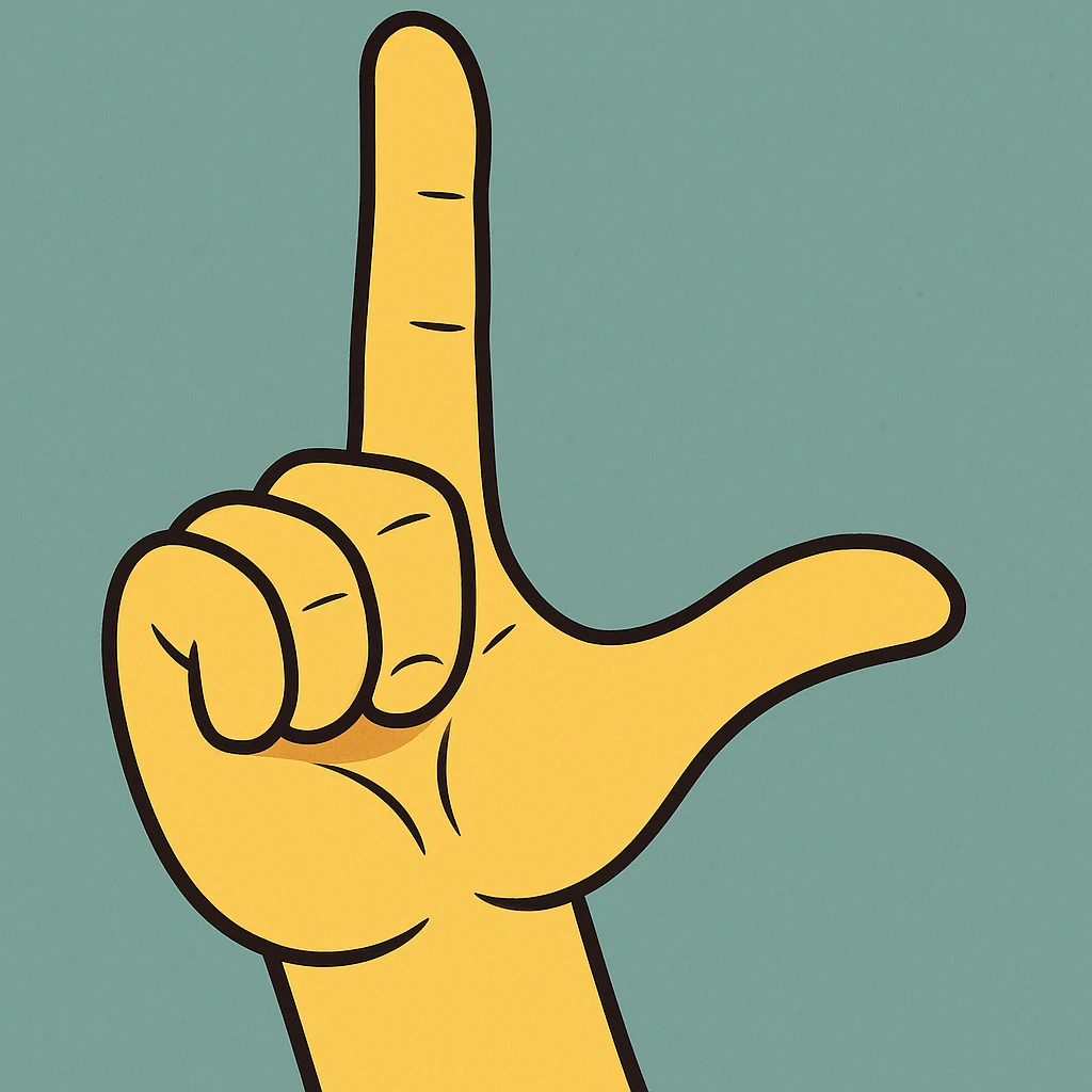 yellow hand making the shape of a letter ‘L’ with its thumb and pointer finger, flat toon style emoji