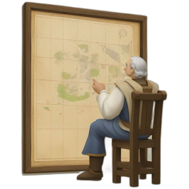 medieval architect in action, thinking over a displayed vertical map of a building emoji