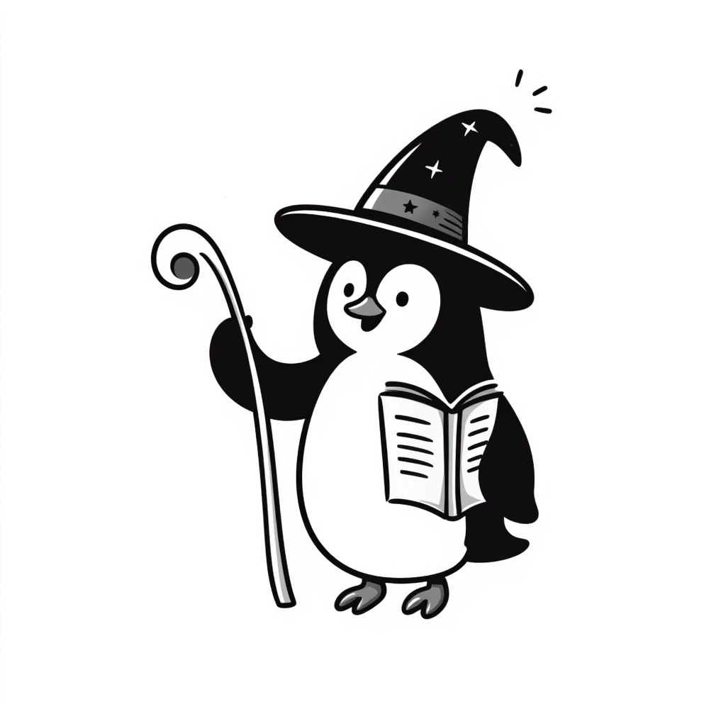 Penguin wizard with pointed hat, magical staff, and spell book emoji