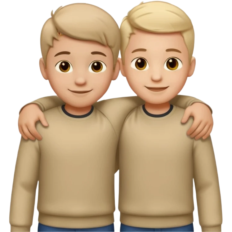 Two cartoon-style 2 boys with similar features, arms around each other's shoulders, smiling, matching outfits, standing close, white background, emoji style emoji