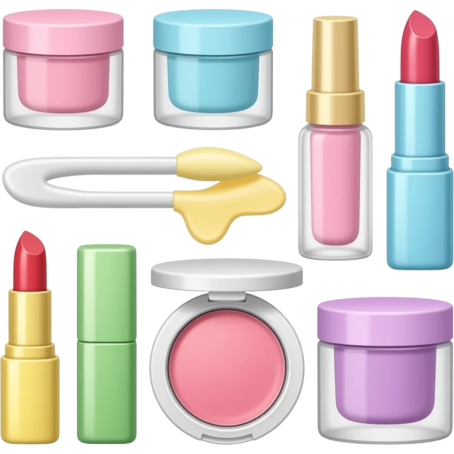 pink, blue, yellow, green, purplea collection of cute makeup items, lipstick, powder, blush, pastel packaging, aesthetic arrangement, inspired by Barbie colour palette emoji