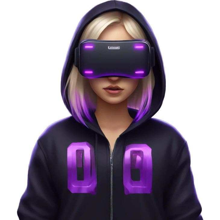Russian girl wearing black hoody with violet letters "OMG", in vr headset. Cyberpunk style. Violet neon. emoji