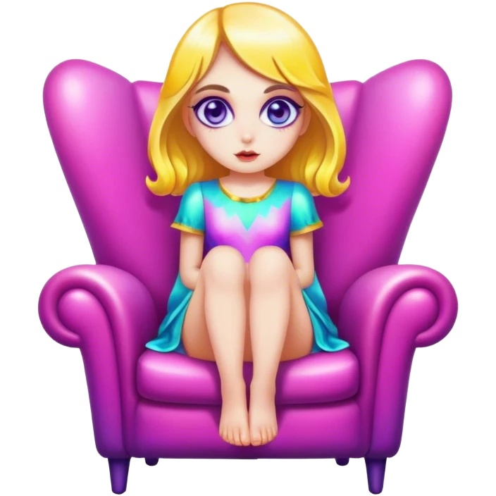 Psychedelic girl with large glistening eyes sitting in a chair, ultra realistic facial details emoji