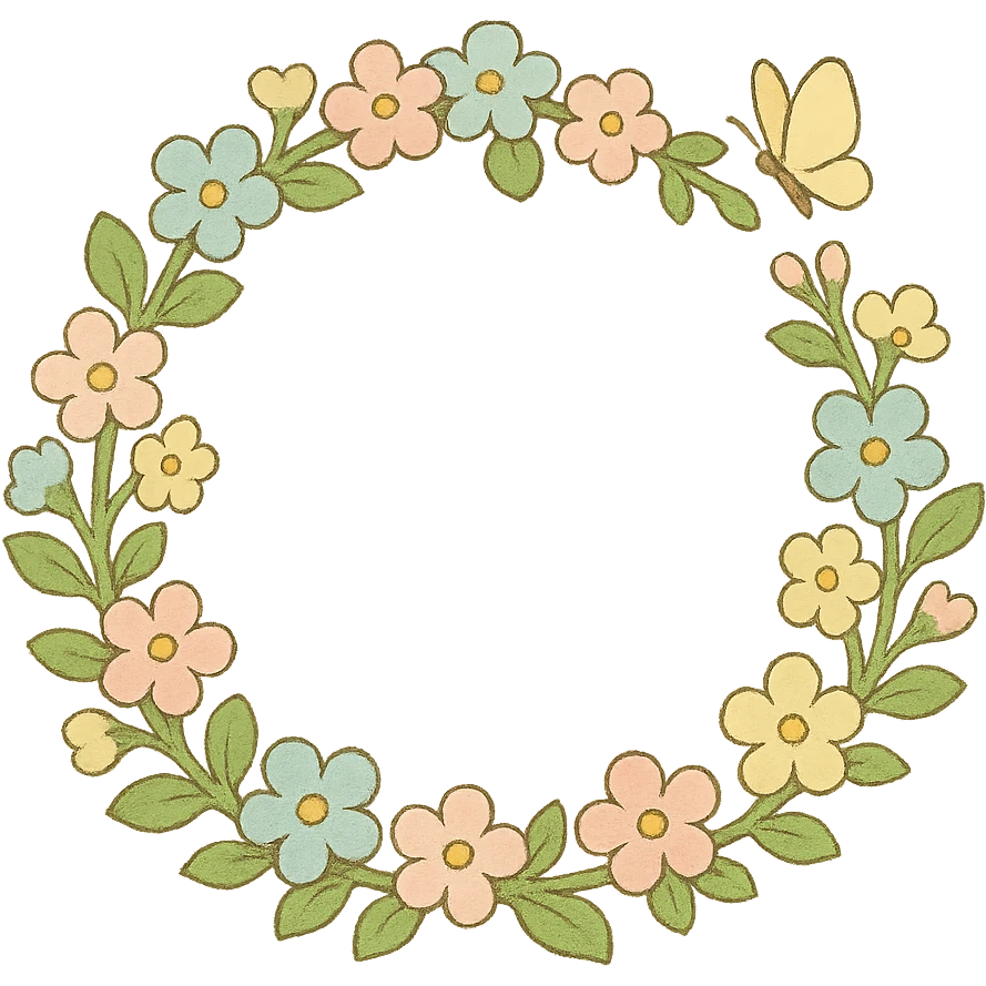 a floral wreath made of small pastel flowers with a tiny butterfly, Japanese hand-drawn, full object, transparent background emoji
