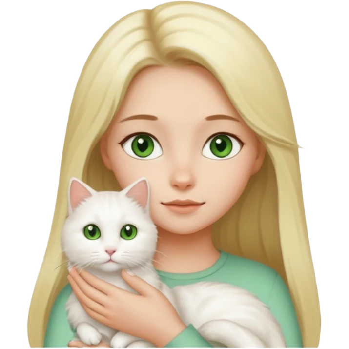 A cartoon-style digital illustration of a fair-skinned young woman with long blonde hair and brown eyes gently holding a fluffy white cat with green eyes against a white background. emoji