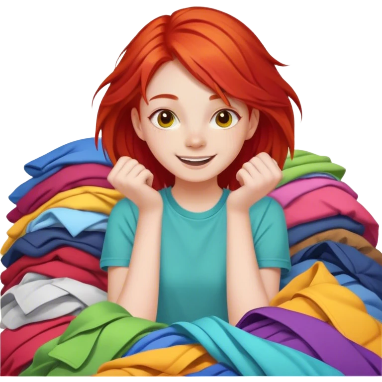 cheerful teen girl with red hair and pile of clothes emoji