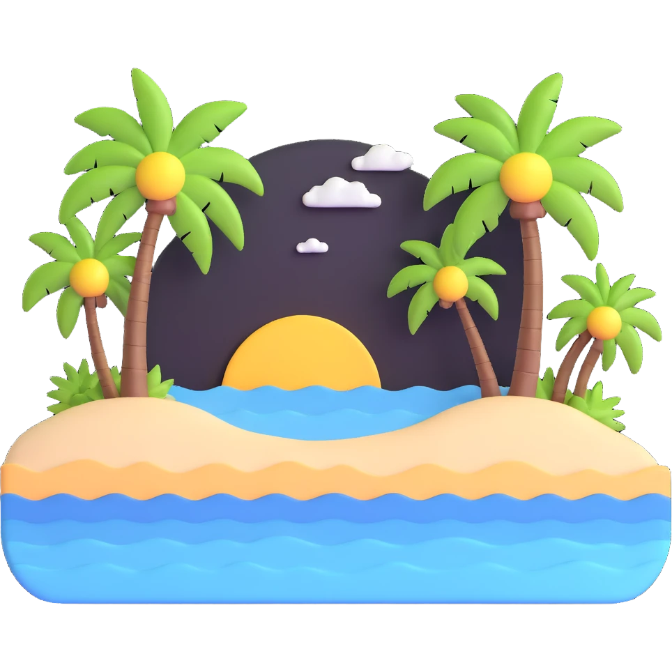 young woman at Malibu beach with ocean and palm trees emoji