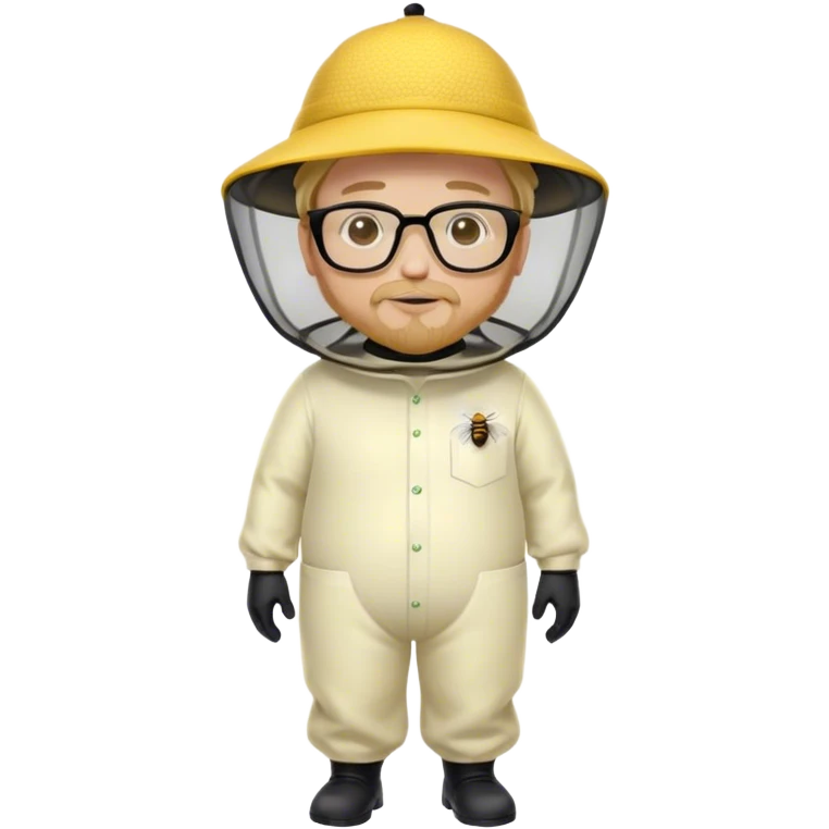 full body medium plus size male bee keeper in yellow and black with short light strawberry blonde hair and goatee wearing glasses with bee keeper hat emoji