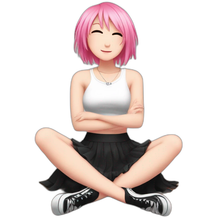 Full body Front view curvy emo girl pink hair sits on the floor straight view hands up black skirt белые трусики рваные полосатые чулки emoji