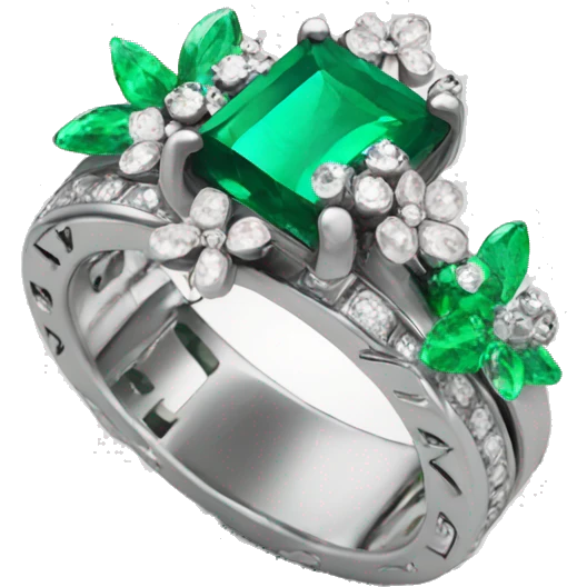 Silver emerald ring with flowers diamonds  emoji