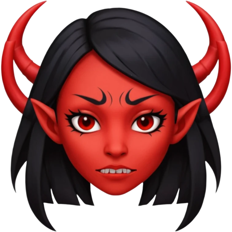 Head only demon girl; face with pronounced cheekbones and angular jaw; skin is uniform pure red (#FF0000) everywhere; long straight smooth black hair; small horns emoji