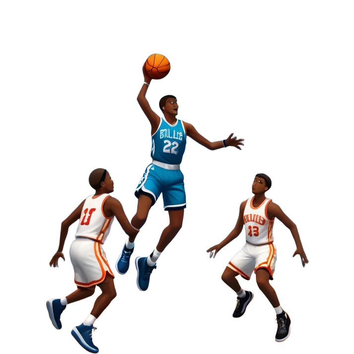 An icon featuring a basketball court with players in action, inspired by NBA 2K25. A player jumps for a dunk, with the ball mid-air. Bright lights illuminate the court, symbolizing the excitement of sports simulation games. Transparent background emphasizes the energy. emoji