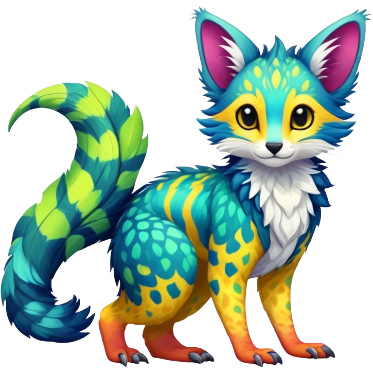 Feral Rare Fantasy vibrant tropical Vernid-Trico-species by LiLaiRa, random markings, tufted tail, tufted ears, full body emoji