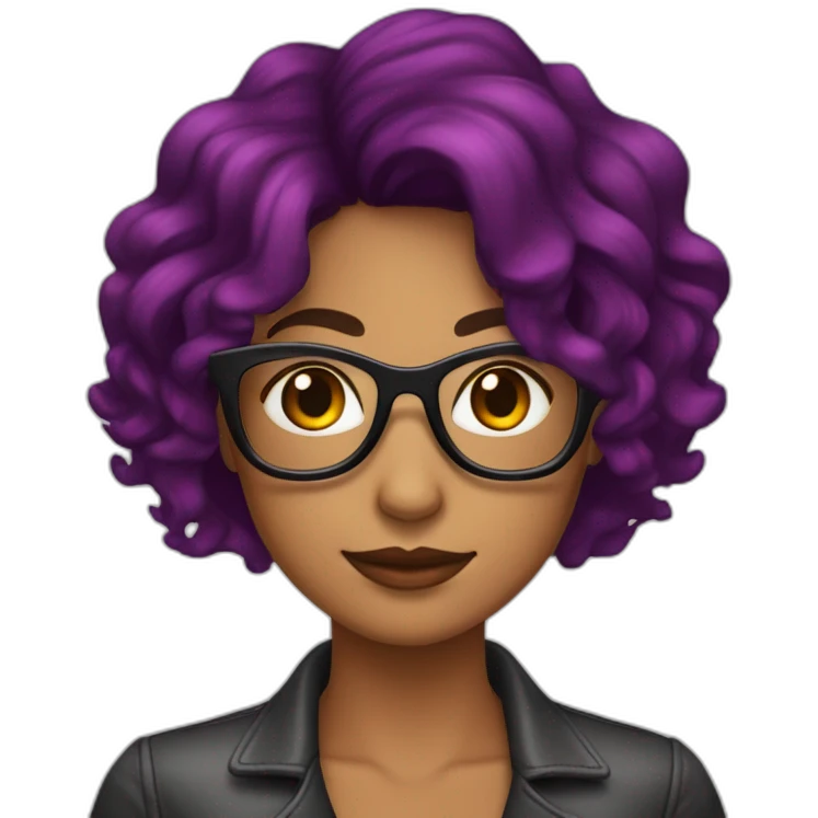 Chica pelo negro mechas rojas, pecas, pelo media melena. Gafas moradas emoji