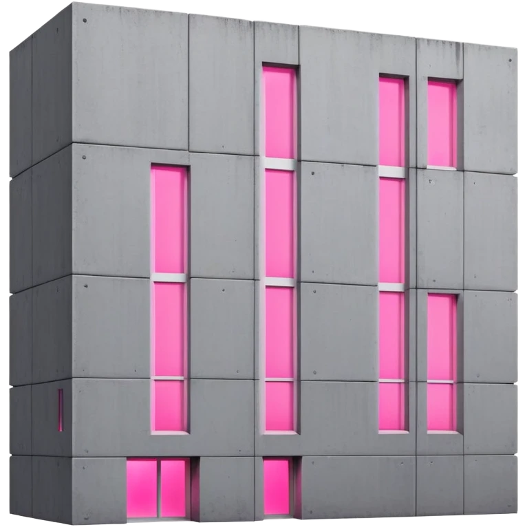 Minimalist Russian-style gray concrete panel building with one window glowing bright pink from grow lights inside, simple rectangular structure with brutalist architecture emoji