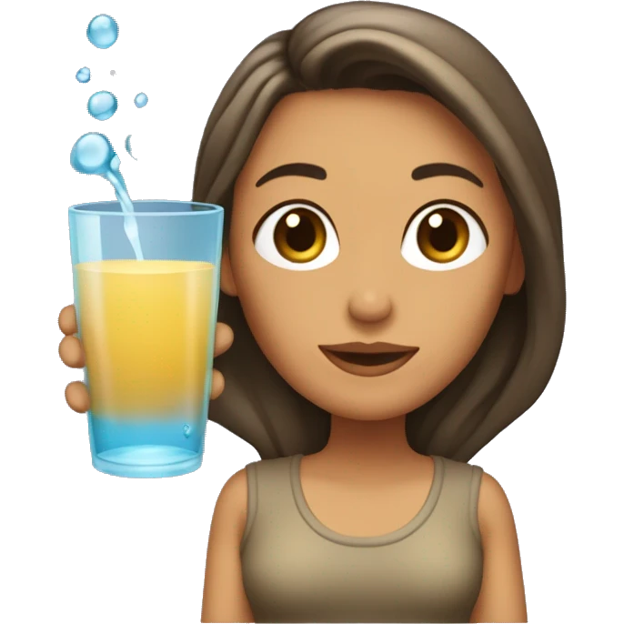 Mujer con cabello castaño largo ondulado, con un vaso de agua para tomar  emoji