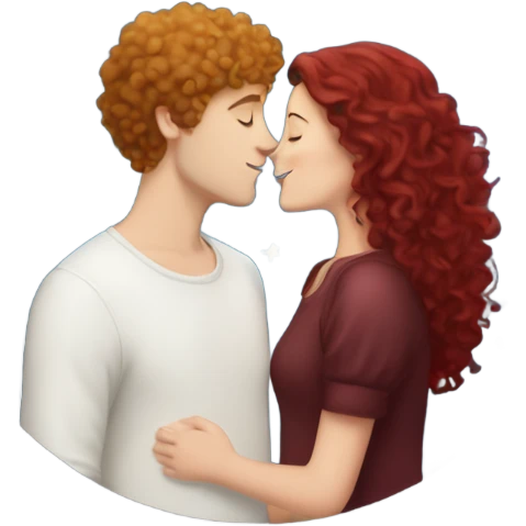 White girl with long burgundy hair kissing a white boy with curly short hair under a sky of star emoji