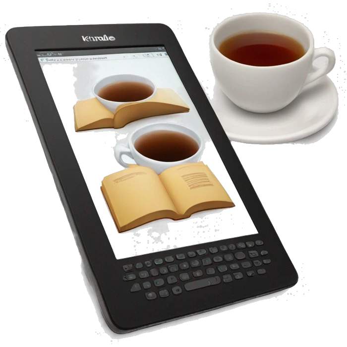 kindle ereader next to hot tea emoji