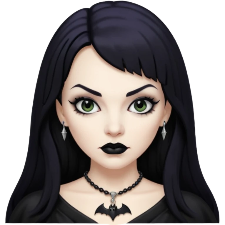 vampira mulher branca com cabelo preto longo com franja acima da sobrancelha e lábios com batom preto com colar preto e pingente de morcego preto emoji