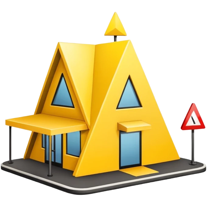 restaurant building with yellow warning triangle sign, caution emoji