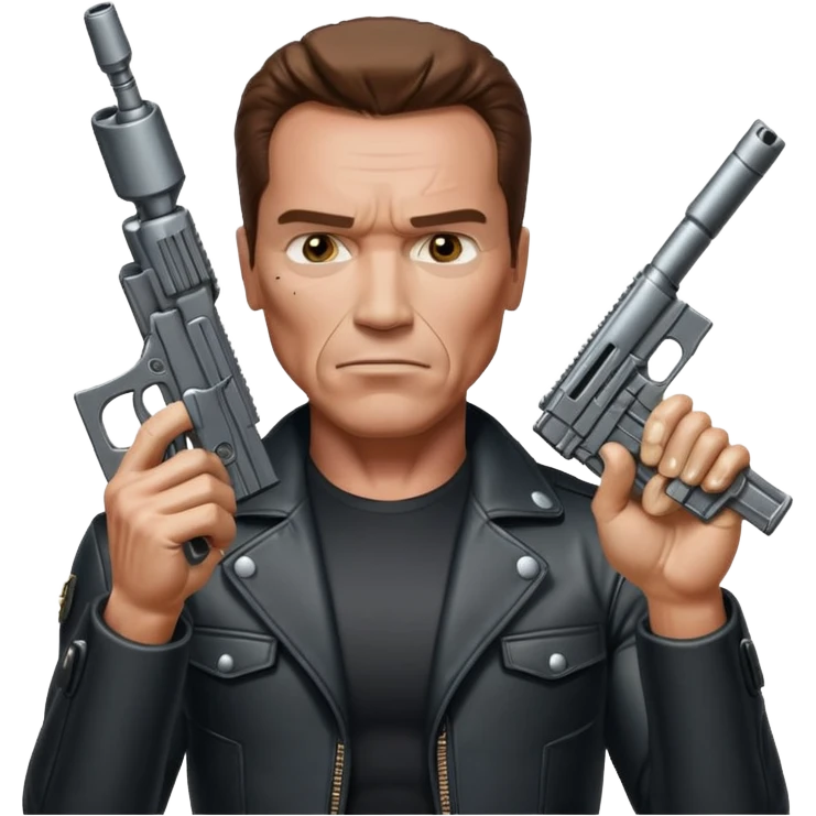 Terminator Arnold Schwarzenegger aiming a gun upward, metallic endoskeleton details, realistic emoji style emoji