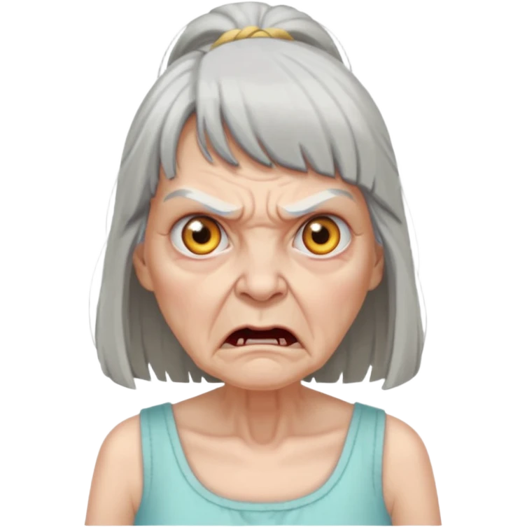 Angry old woman with long gray hair and bangs and scary eyes in a sundress emoji