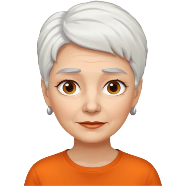 older white haired woman with orange shirt short white hair make eyebrows brown emoji