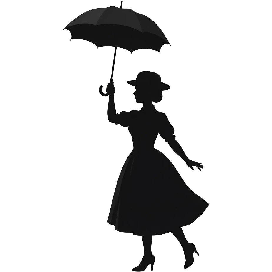 totally black silhouette mary poppins female in straw boater hat, old edwardian dress holding umbrella up high with umbrella hand above head and heels touching each other and feet to pointing out forwards emoji