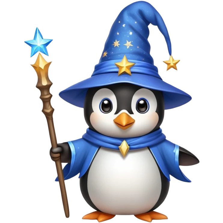 A cute penguin dressed as a wizard with a pointed blue hat with stars, holding a magical wand emoji