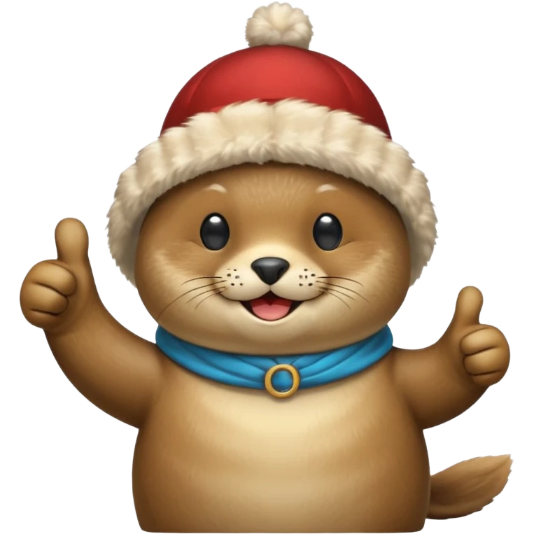a seal wearing a propeller hat with his thumbs up emoji