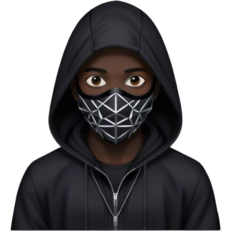 man with black hooded jacket and a only black full-face geometric mask emoji