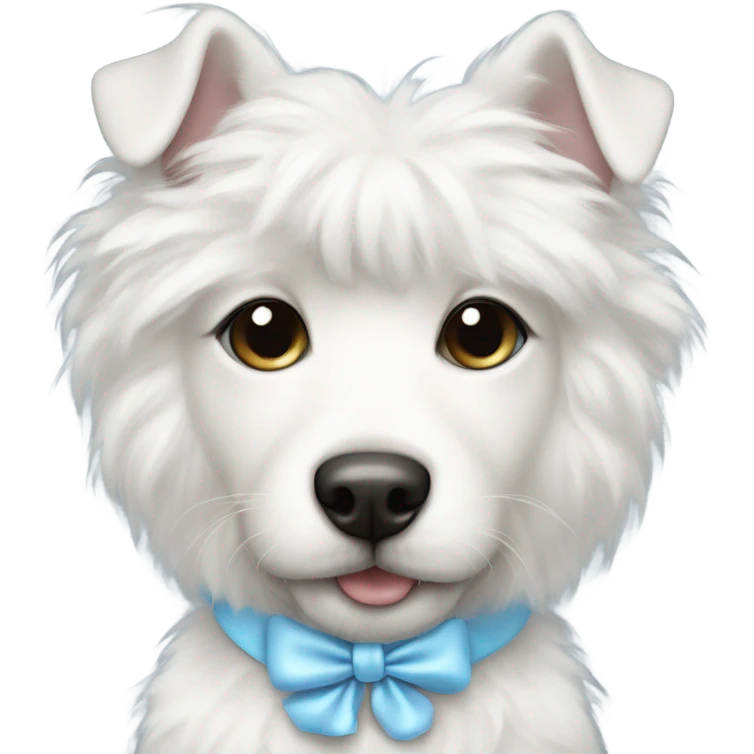 cute white furry dog with baby blue bow in hair and silver chain collar  emoji