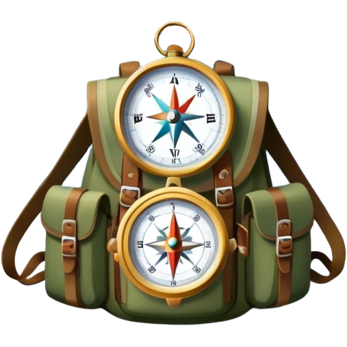 Icon for Expeditions: a compass, a map, and a backpack with trekking gear, placed on a rugged mountain terrain with snow-capped peaks. The icon should evoke the spirit of adventure and discovery in remote, unexplored places. Transparent background. emoji