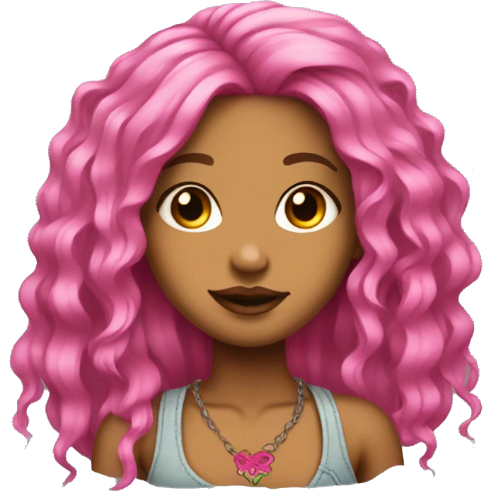 Tan girl with long neon pink hair tattoos emoji