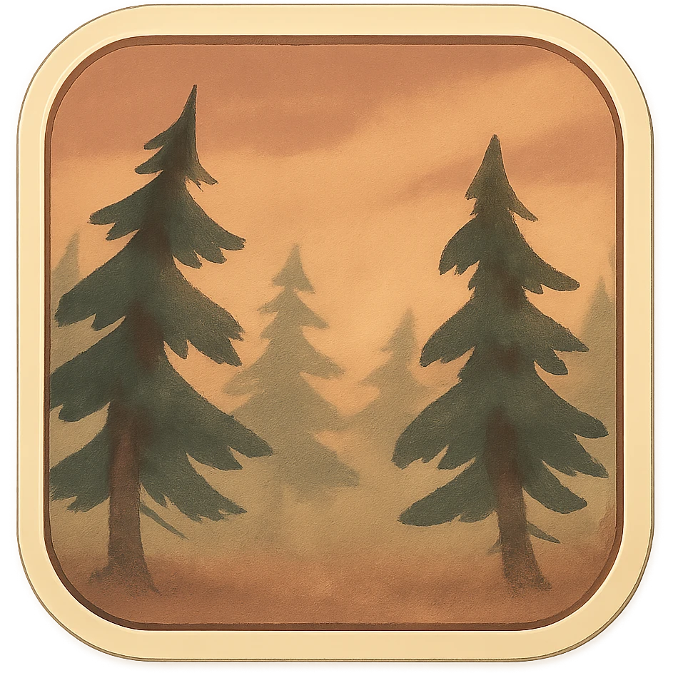 animated misty forest with trees swaying in wind, retro vintage style, cozy acoustic aesthetic, warm muted colors, subtle grain, soft lines, 112x112px, smooth loop, nostalgic analog mood emoji