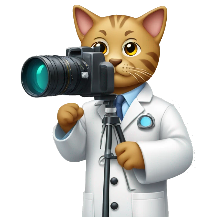 Cat Scientist taking a photo with a big camera while wearing a lab coat emoji