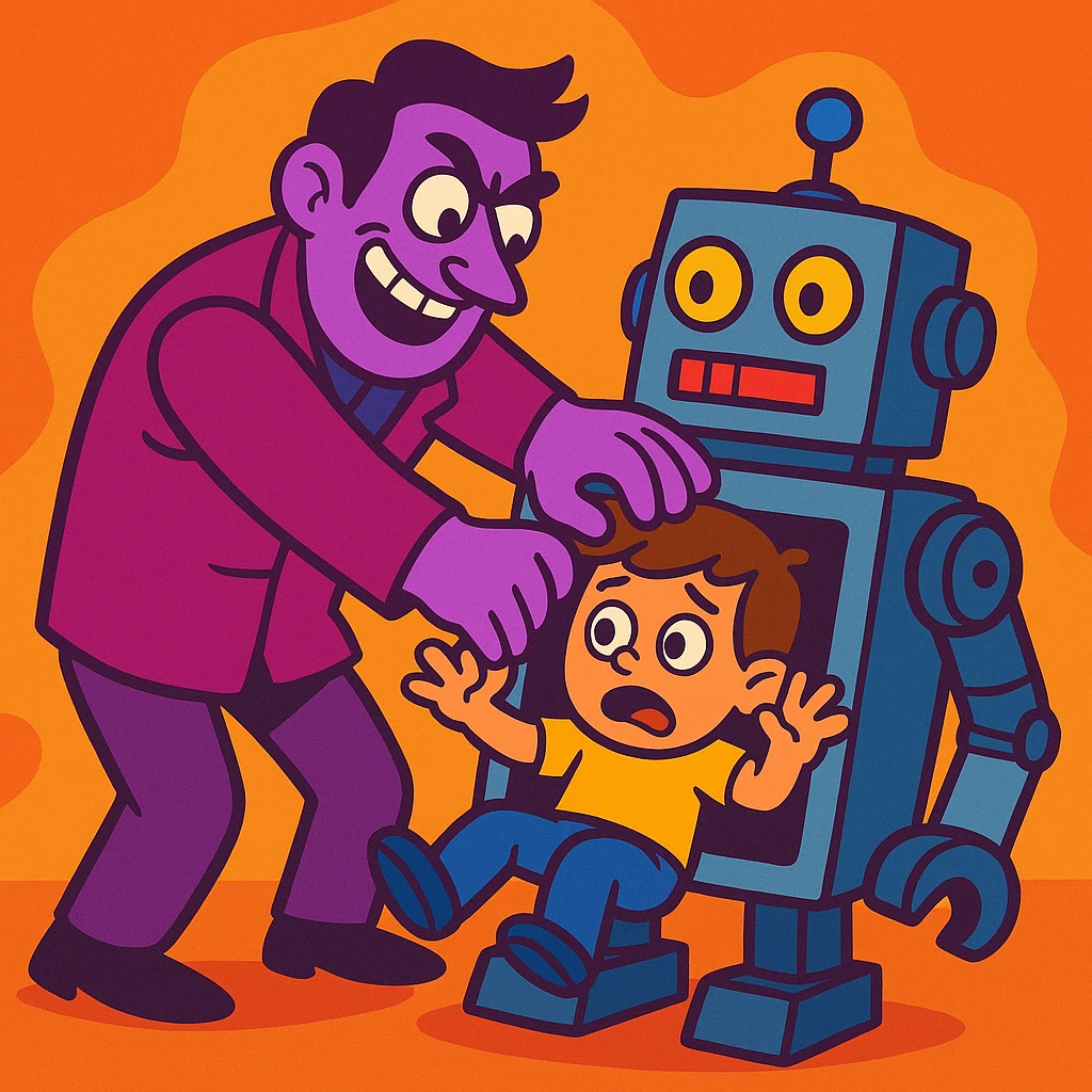 a purple man stuffing a child into a robot, cartoon style, no gore, simplified, expressive, clear action emoji