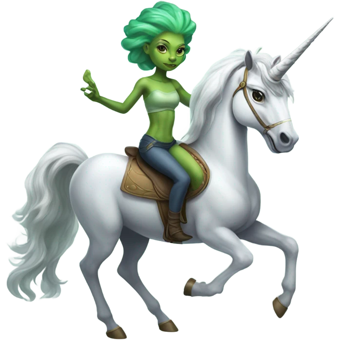a green amazon alien woman on a grey white unicorn emoji