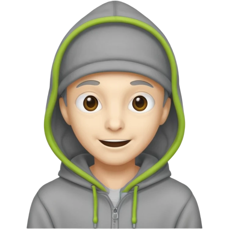 alien in gray hoodie full height, wear hoodie hat, happy emoji