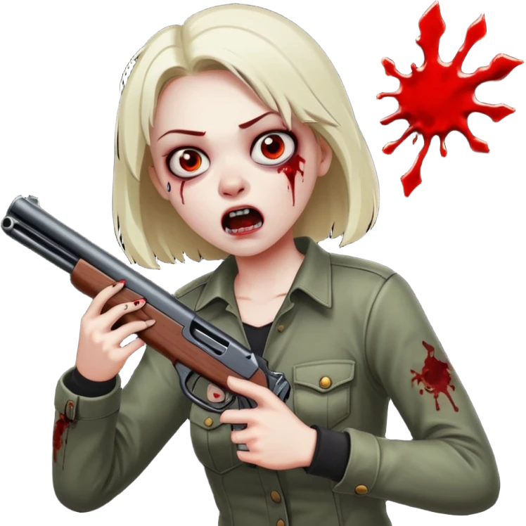 Survivor firing shotgun at zombie, flying blood, intense expression, dark style, no background










 emoji