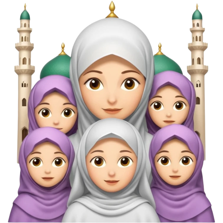 A picture of a mother with several daughters around her, the mother is wearing a veil and they are all in an Iranian Muslim mosque. Cartoon. 3D emoji