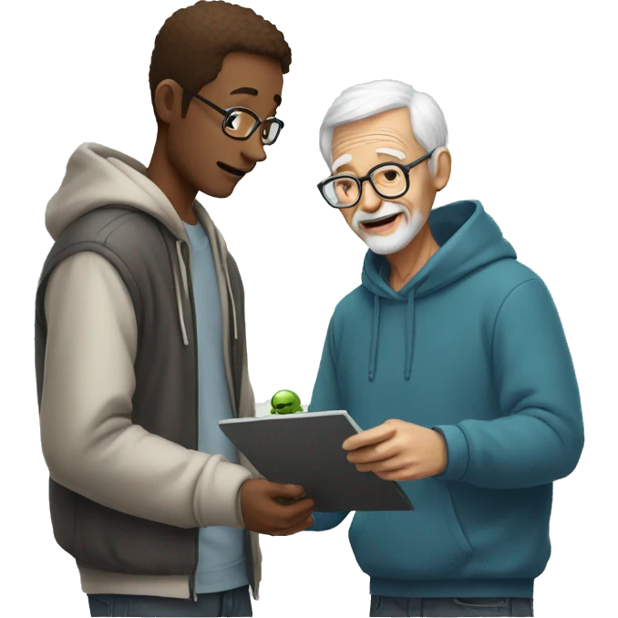 Young man with hoodie helping old man to learn how to use artificial intelligence  emoji