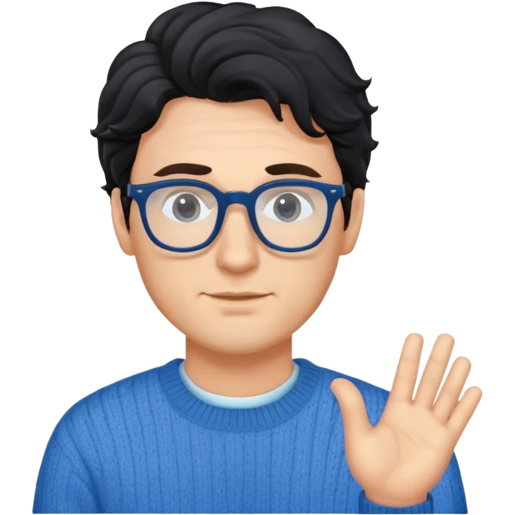 Caucasian man with black wavy hair wearing glasses and a long sleeve blue sweater emoji