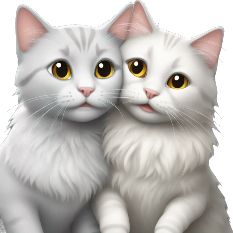 A grey short haired cat and a white long haired cat hugging emoji