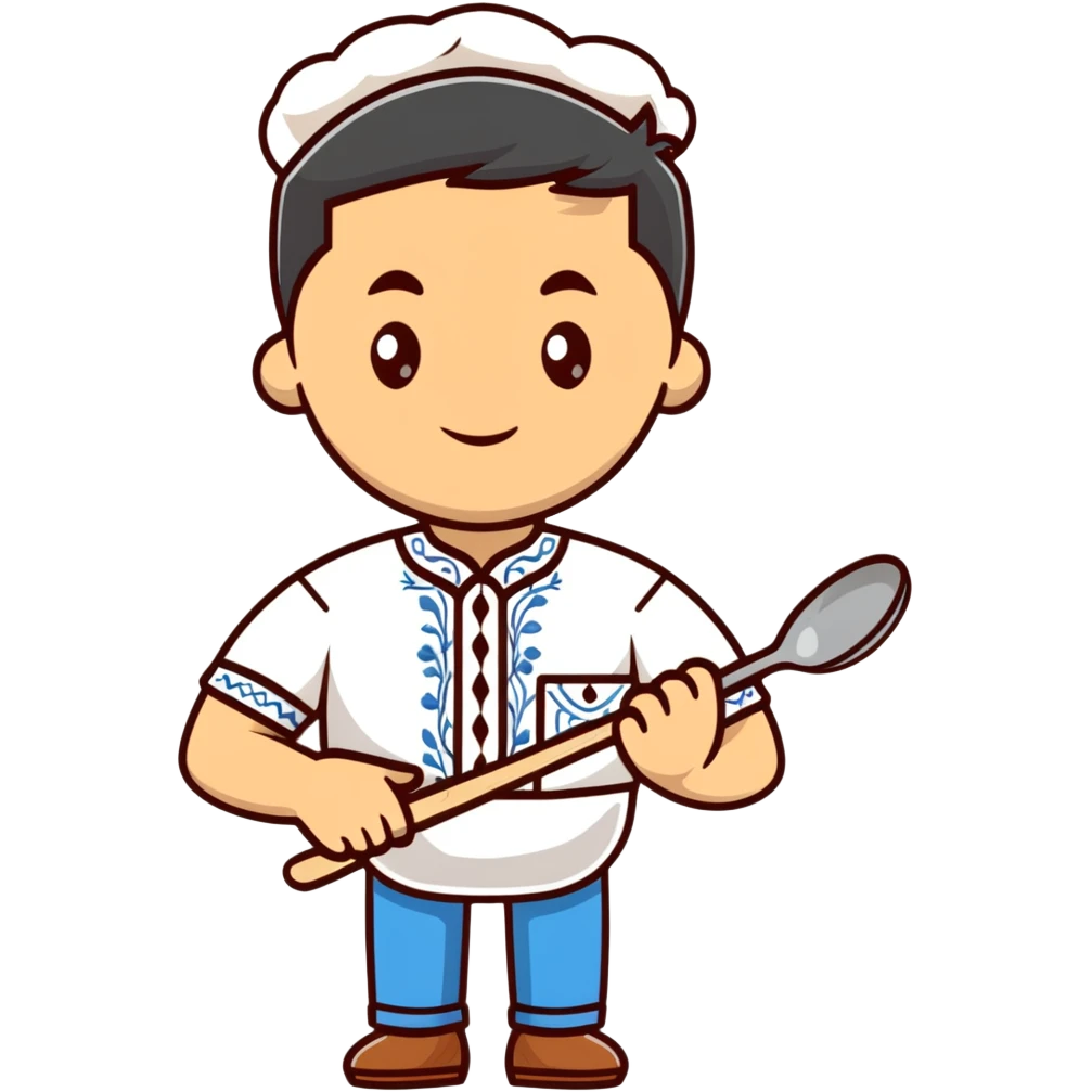 Ukrainian man in traditional white embroidered shirt holding a ladle and kitchen shears emoji