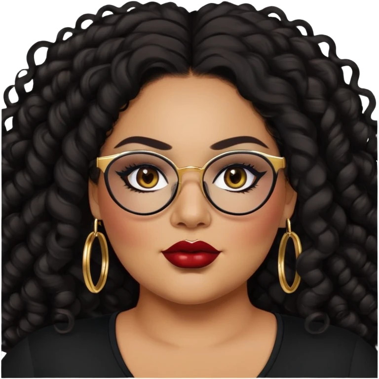 big plus size, latina, darker tan skin, gold hoops, long black curly hair, baddie,pretty, makeup, dark red lipgloss, black eyeliner, long hair, black top, black glasses emoji