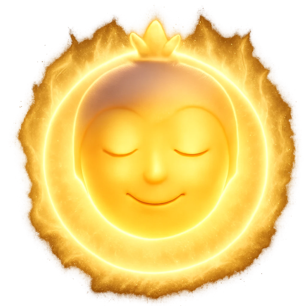 Make the ball glow with a radiant, angelic light effect, ethereal and divine with a warm, gentle smile. Remove any background. Keep the 3D emoji style. emoji